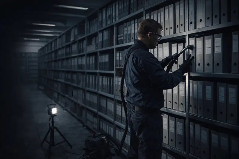 Pulizia di scaffalature e faldoni in un archivio con accesso controllato