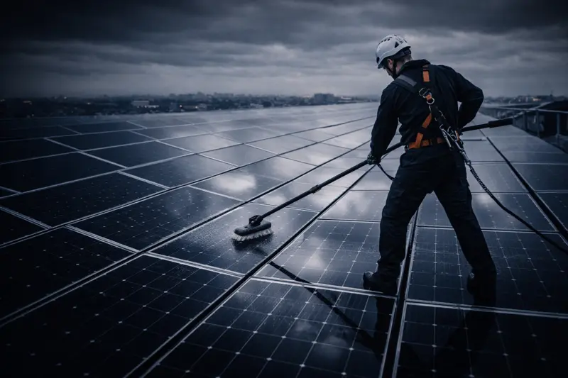 Pulizia di pannelli fotovoltaici con sistemi manuali e acqua demineralizzata